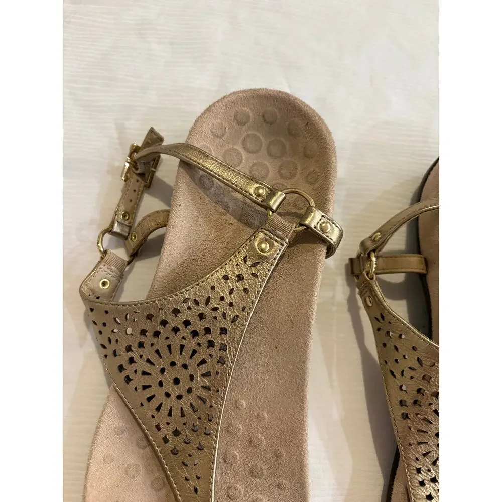 Vionic Kirra Sandals Gold Perforated Leather Thong Slingback Arch Support 10